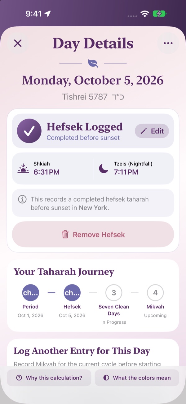 Day details for a logged hefsek with shkiah and tzeis times
